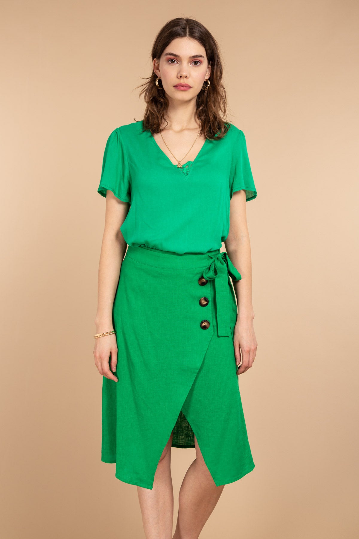 Green Summer Spring Midi Skirt Front Button