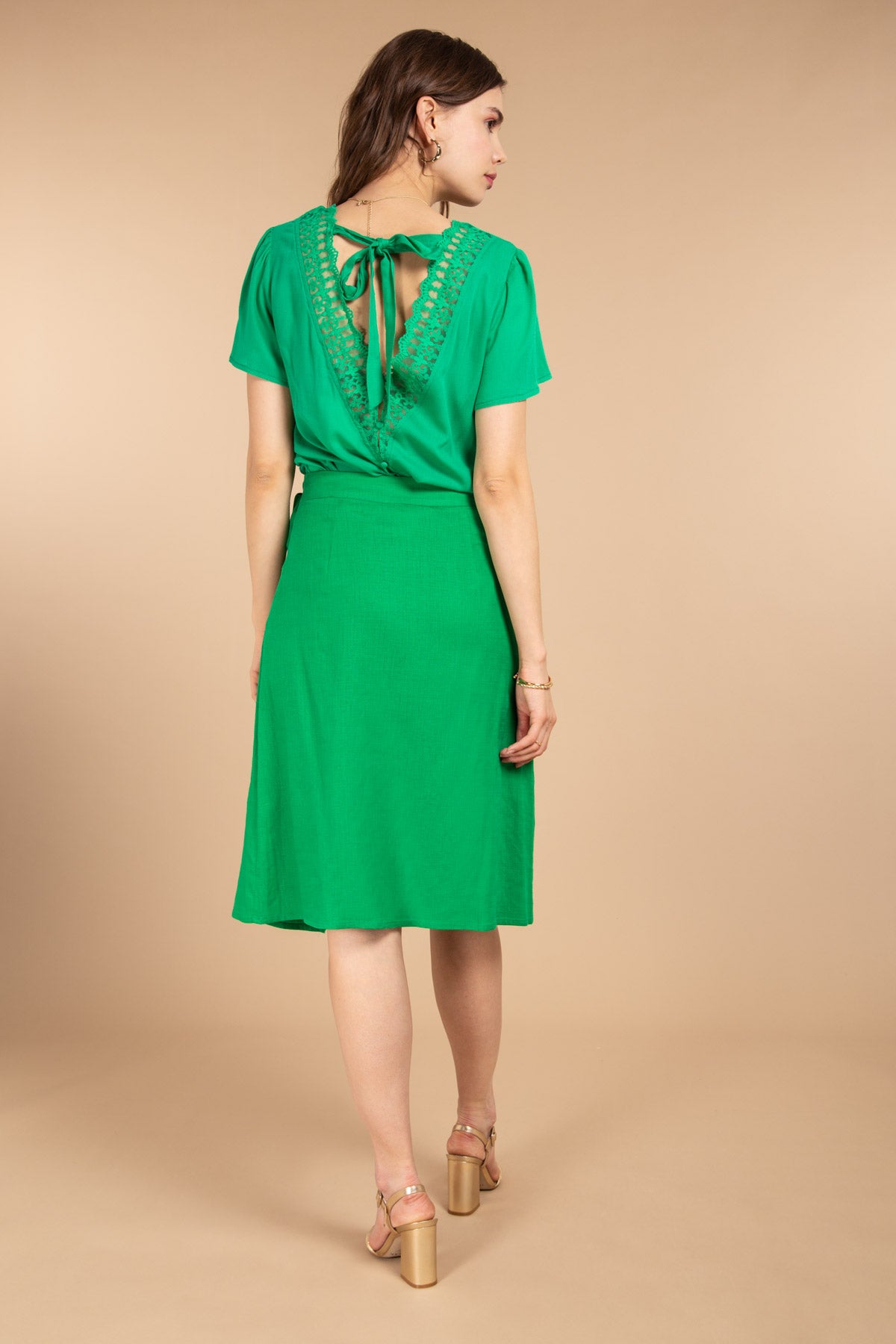 Green Summer Spring Midi Skirt Front Button