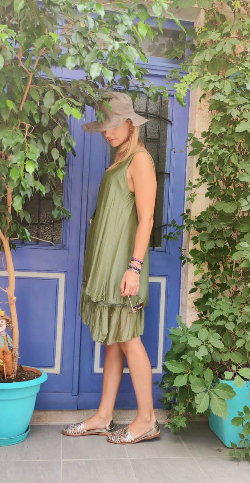 Short Silk Dress Olive Green