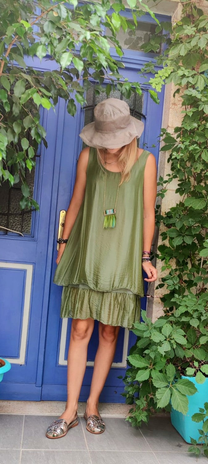 Short Silk Dress Olive Green