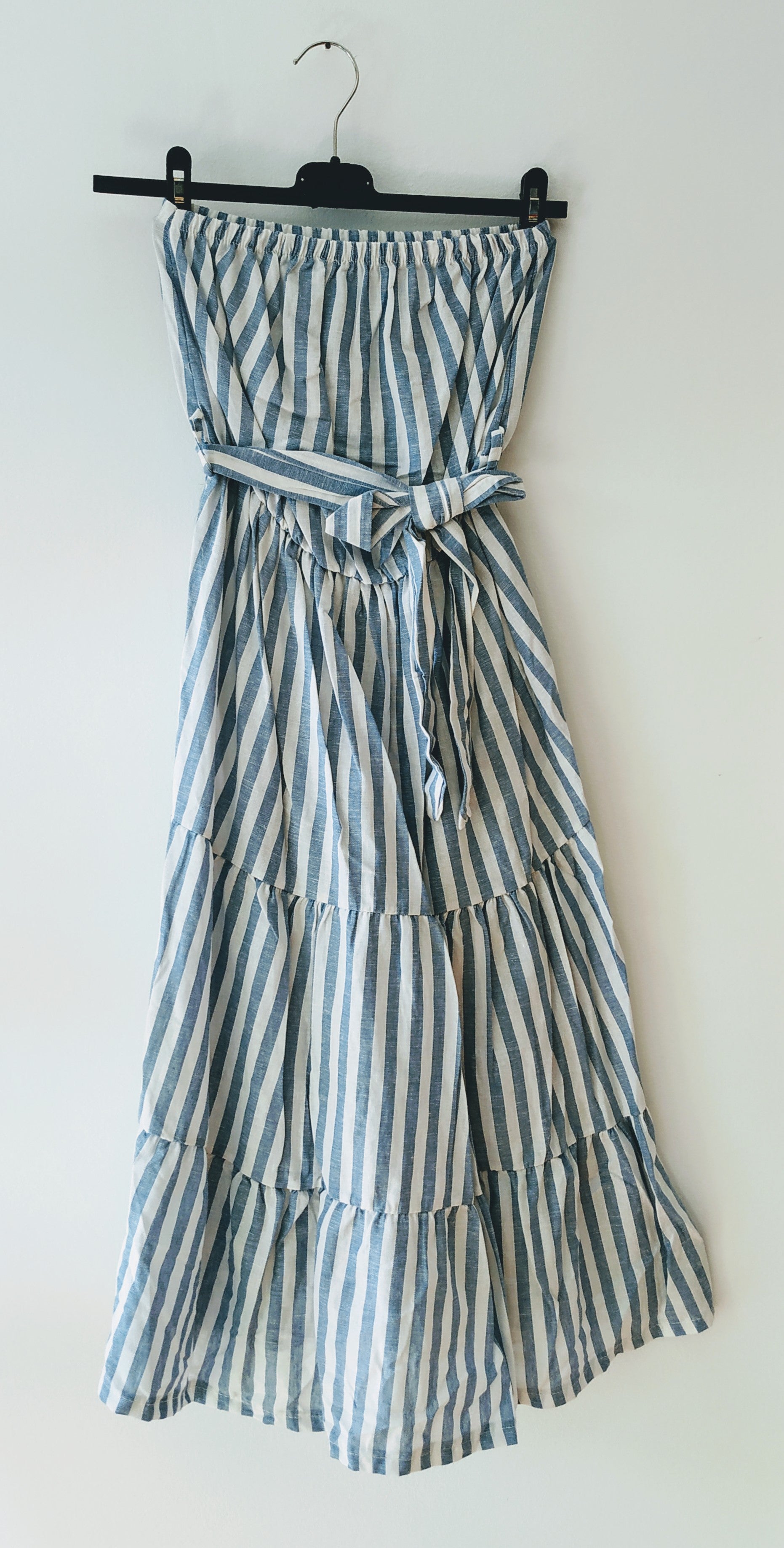 Navy and White Striped Midi Strapless Women's Dress