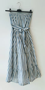 Load image into Gallery viewer, Navy and White Striped Midi Strapless Women&#39;s Dress
