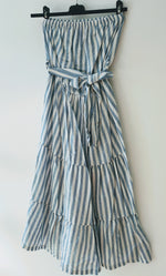 Load image into Gallery viewer, Navy and White Striped Midi Strapless Women&#39;s Dress
