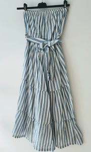 Navy and White Striped Midi Strapless Women's Dress