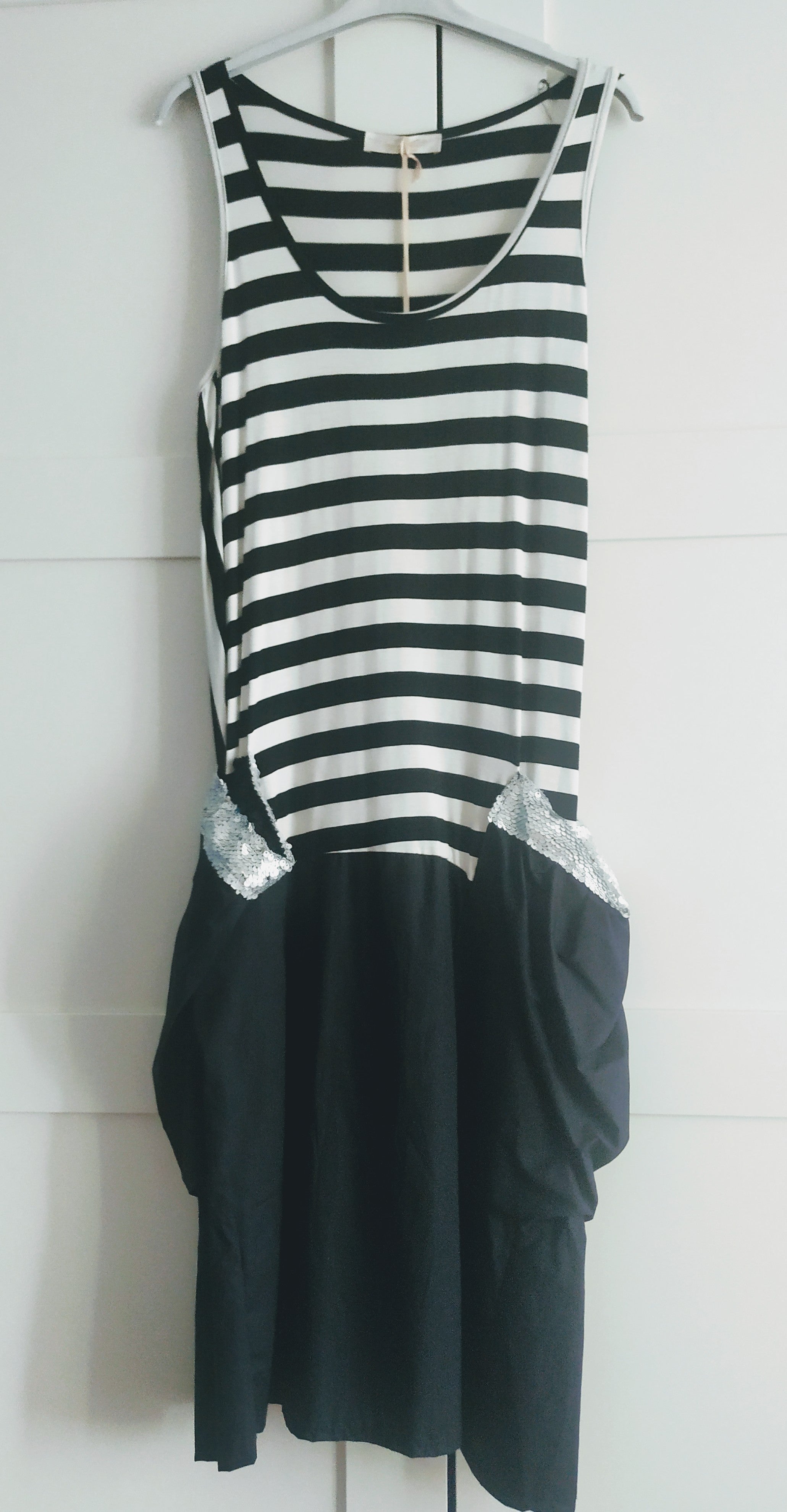 Black and White Striped Side Pockets Dress